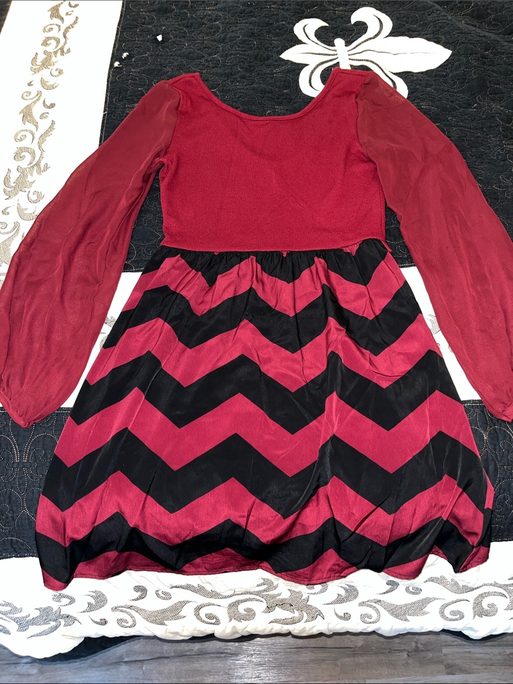 Burgundy and Black Chevron Dress with Sheer Long Sleeves